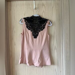 Le Chateau Pink Sleeveless Top with Black Lace Yoke